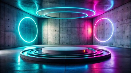 Poster - Futuristic Concrete Floor Platform with Neon Circular Rings on 3D Rendered Concrete Wall, Ideal for Modern Interior Design and Digital Art Projects