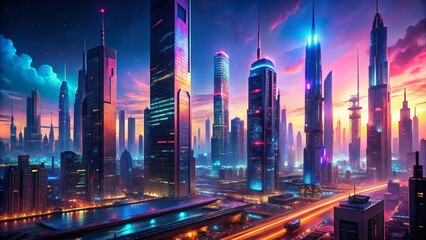 Poster - Futuristic Cyberpunk Cityscape Bursting with Neon Lights, Futuristic Architecture, and Lively Street Scenes in a Dystopian Urban Environment at Night