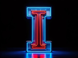 Poster - Futuristic Letter I in Blue and Red Neon Lighting on Black Background for Modern Design and Creative Projects