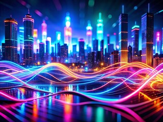 Poster - Futuristic Neon Light Waves Background, Cyberpunk Cityscape, Abstract Art, Sci-Fi, Digital Art, 8k Resolution, High Depth of Field