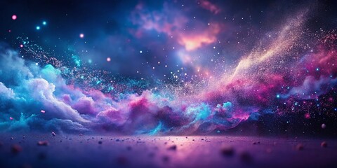Poster - Futuristic Portrait of Flying Particles in Distressed Purple, Pink, and Blue, Capturing the Essence of Abstract Art and Modern Aesthetics in a Unique Visual Experience