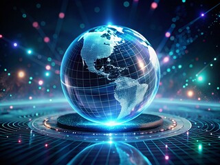 Poster - Futuristic Technology Sphere Hologram Data Globe in Minimalist Style, Showcasing Advanced HUD Elements and Particle Effects for a Cutting-Edge Tech Aesthetic