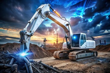 Poster - Futuristic White Robot with Blue Accents Operating a Crawler Excavator at a Construction Site, Showcasing Advanced Technology and Innovation in Heavy Machinery