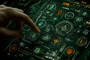 Poster - Hand interacting with futuristic digital interface.