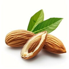 Poster - Fresh almonds with leaves showing the inside of the nut, isolated on white background