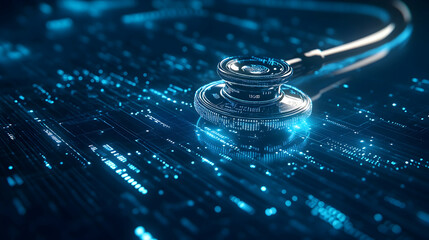 Poster - Stethoscope on digital circuit board, representing telehealth or digital healthcare.