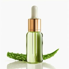 Wall Mural - Glass bottle of moisturizing face serum with gold dropper cap and aloe vera leaf on white background