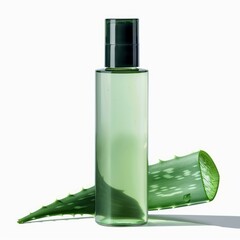 Wall Mural - Transparent green cosmetic bottle with pump dispenser standing next to fresh aloe vera leaf promoting natural beauty products