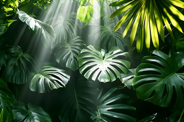 Wall Mural - Sunbeams illuminate lush green tropical foliage.