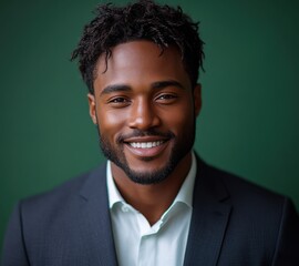 Portrait of a smiling, confident African American businessman in a suit, studio background