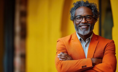 Portrait of a smiling, confident African American businessman in a suit, studio background