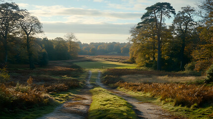 Wall Mural - Sunny autumn path through woodland.