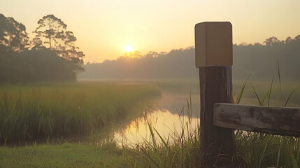 Wall Mural - Sunrise over tranquil marshland, misty morning.