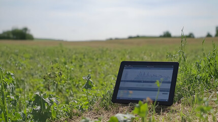 Wall Mural - Tablet displaying data in a green field.