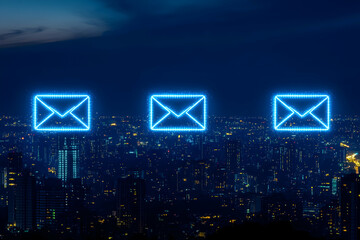Poster - Three glowing email icons over a cityscape at night.