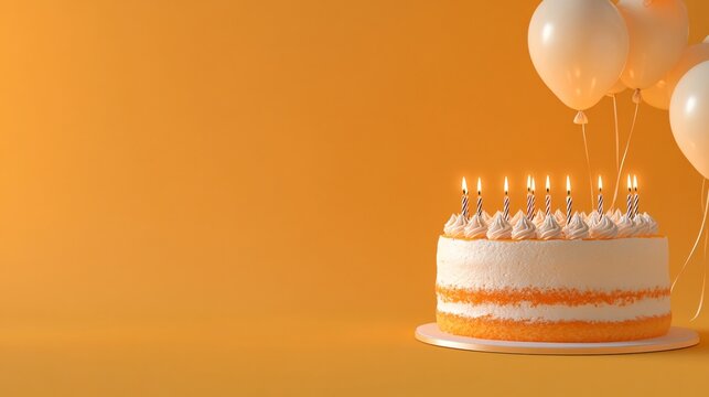 Delicious Birthday Cake with Candles and Balloons on Orange Background
