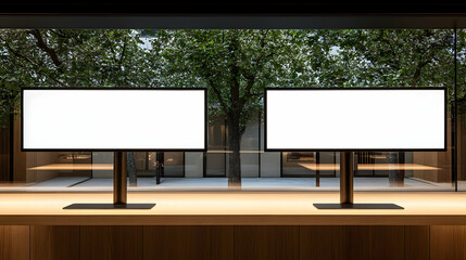Poster - Two blank screens on stands in a modern interior with a tree view.