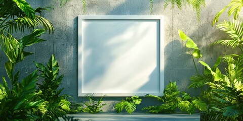 Poster - White frame is on a wall with green plants