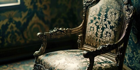 Poster - Chair with a floral pattern is sitting in a room