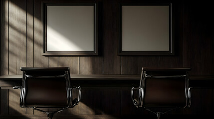 Poster - Two empty frames on dark wood wall with chairs.