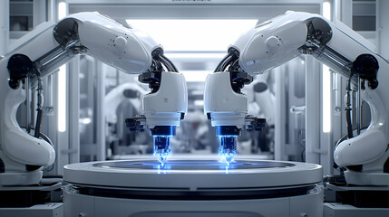 Poster - Two robotic arms working together in a modern factory.