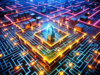 Poster - High-tech Encryption Visualized as a Complex Maze of Glowing Lines and Nodes, Representing Secure Data Paths in a Virtual World of Technology and Innovation