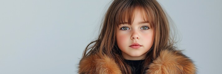 Wall Mural - A young girl with brown hair and blue eyes is wearing a fur coat. She is standing in front of a white background