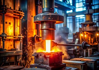 Poster - Hot Drop Press Forging in Action: Automatic Hammer Shaping Metal Tool Components in a Weld Factory with Blurry Background for Urban Exploration Photography