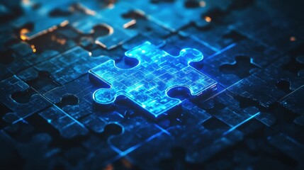 Poster - Glowing Digital Puzzle Piece on Abstract Technology Background