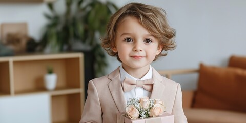 Wall Mural - A young boy wearing a suit and bow tie is holding a small box. The boy is smiling and he is happy. Concept of celebration and joy, possibly indicating a special occasion or event