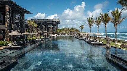 Canvas Print - Oceanfront resort with long pool and palm trees.