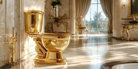 Gold toilet is in a bathroom with a gold sink