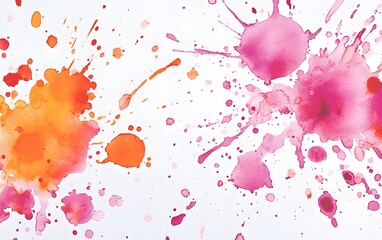 Poster - Abstract watercolor splashes in vibrant orange and pink hues on a white background.