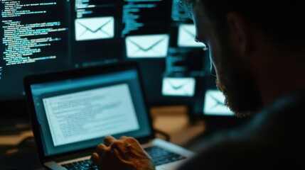 Poster - Tech Professional Analyzing Data on Laptop in Dark Environment