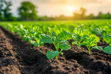 Wall Mural - Young plants growing in a fertile field at sunset.