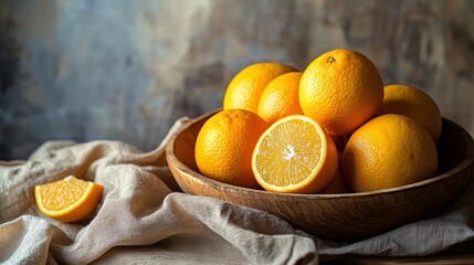 Poster - Fresh juicy oranges in wooden bowl with rustic background