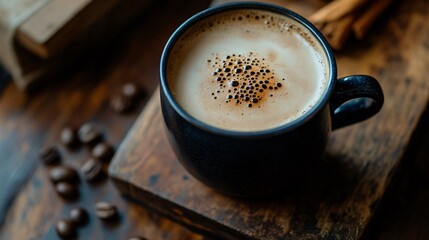 Wall Mural - Steaming cup of coffee with roasted beans and cinnamon sticks on rustic wooden surface