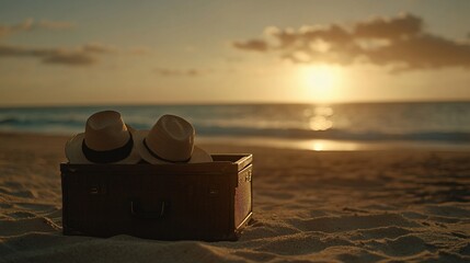 Canvas Print - Hats in suitcase on beach at sunset.