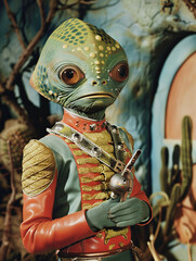 retro 1960s 1950s style vintage space alien little green man on another planet nostalgic comic book 
