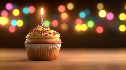 Wall Mural - Lit candle cupcake with sprinkles on wood, bokeh background.