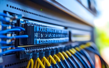 Poster - Close-up of network equipment with blue and yellow cables connected to a panel.