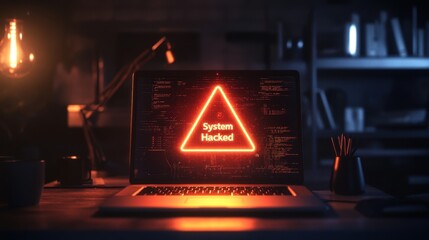 Poster - Computer Screen with Hacked Warning and Dark Office Background