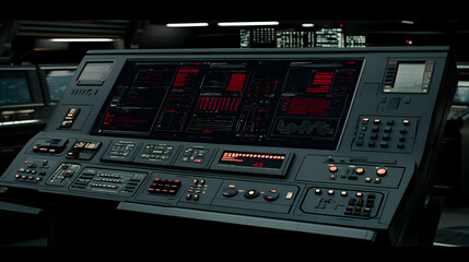 Poster - Futuristic control panel with glowing red displays and various buttons, switches, and knobs.