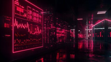 Poster - Futuristic corridor with glowing red data screens displaying financial charts and graphs.