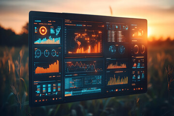Poster - Futuristic data display on screen in a field at sunset.