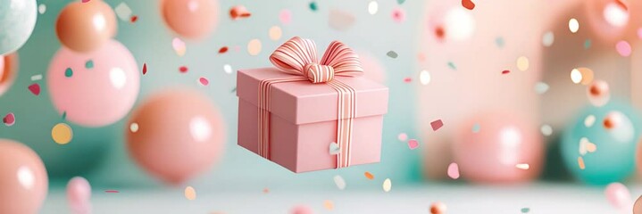 Sticker - A pink gift box with a bow floats in the air surrounded by confetti and pink balloons.