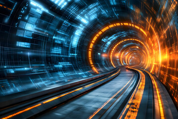 Poster - Futuristic digital tunnel with glowing lines and data streams.