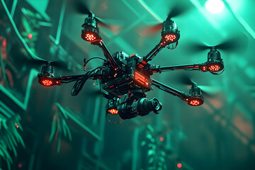 Poster - Futuristic drone with camera in flight, neon light.