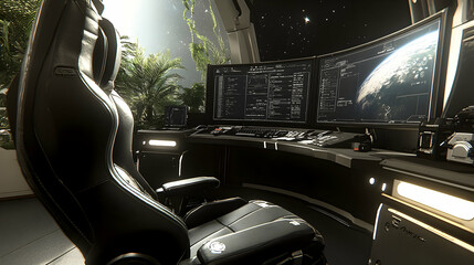 Poster - Futuristic gaming setup with tropical view.