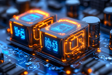 Poster - Futuristic glowing cubes on circuit board.